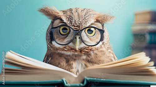 A wise owl  reads a book on a blue background
