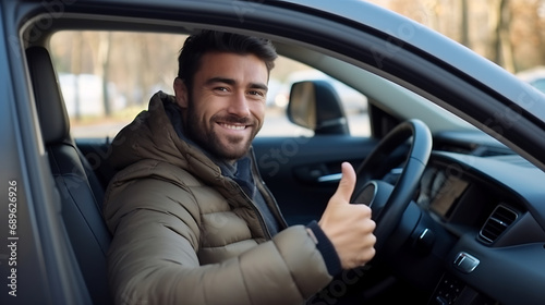 Happy young handsome man smiling and showing thumbs up in his car, satisfied driver man showing thumb up