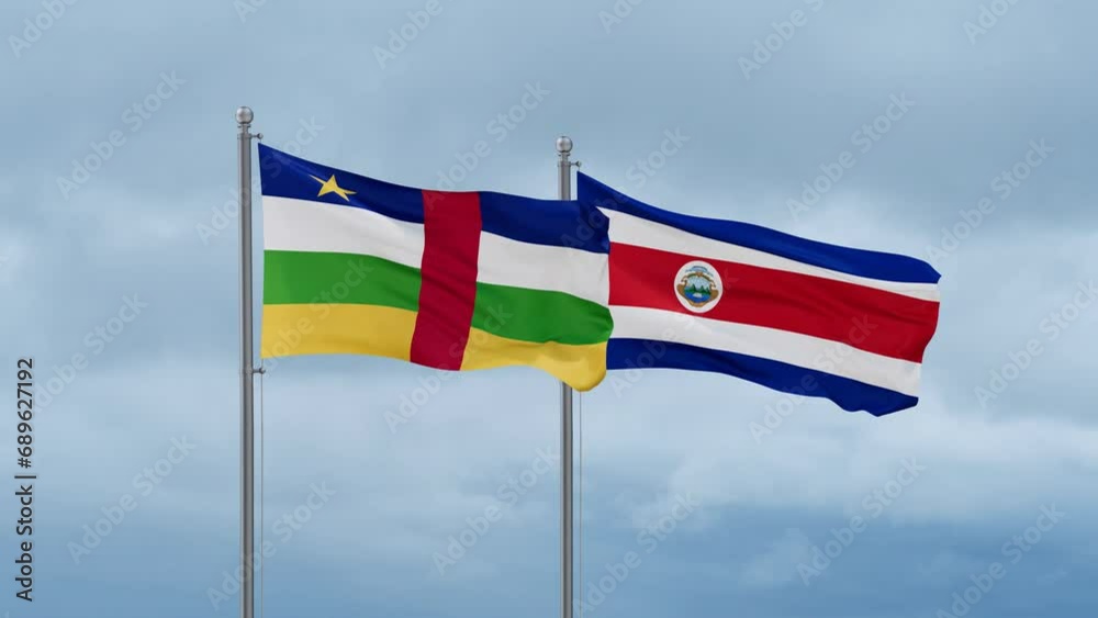 Costa Rico and Central Africa flag waving together on cloudy sky, endless seamless loop, two country cooperation concept Costa Rico and Central Africa flag waving together on cloudy sky, endless seamless loop, two country cooperation concept