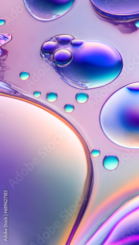 Creative concept of colorful oil drops dissolved in water with copy space. Abstract macro essential or cooking oil design.