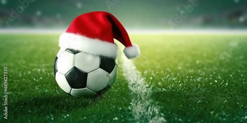 Close up of soccer ball with santa hat at the football field. White line on green grass.