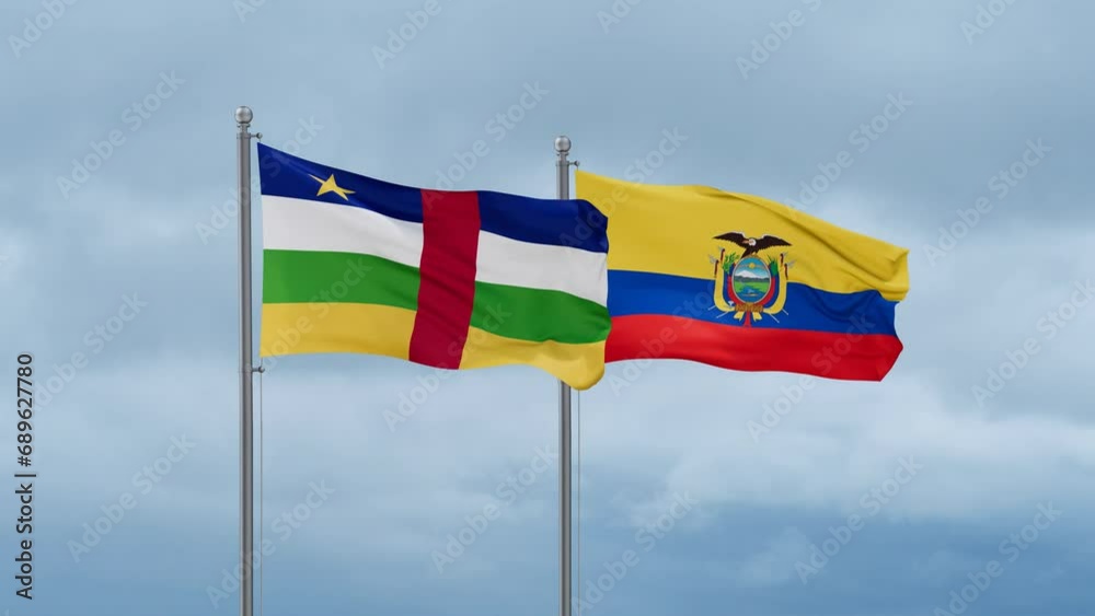 Ecuador flag and Central Africa flag waving together on cloudy sky, endless seamless loop, two country relations concept Ecuador flag and Central Africa flag waving together on cloudy sky, endless seamless loop, two country relations concept