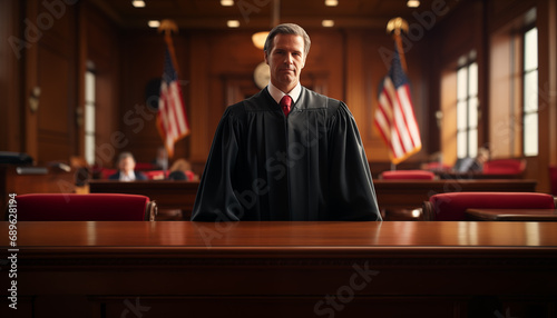 portrait of the American chief justice in the courtroom against the background of the American flag. sentencing of the defendant.