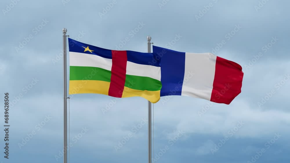 France and Central Africa flags waving together on cloudy sky, endless seamless loop, two country relations concept
