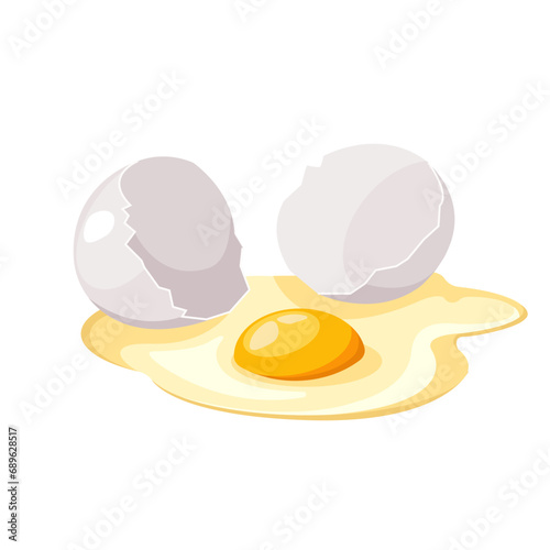 A broken white chicken egg with leaked raw liquid protein and yolk. Breaking eggshells. A raw egg. Vector illustration in a flat style