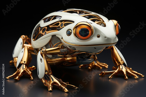 Artwork of a simple liquid metal frog and white background. Generative AI.