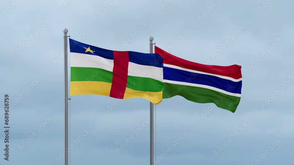 Gambia flag and Central Africa flag waving together on cloudy sky, endless seamless loop, two country relations concept Gambia flag and Central Africa flag waving together on cloudy sky, endless seamless loop, two country relations concept