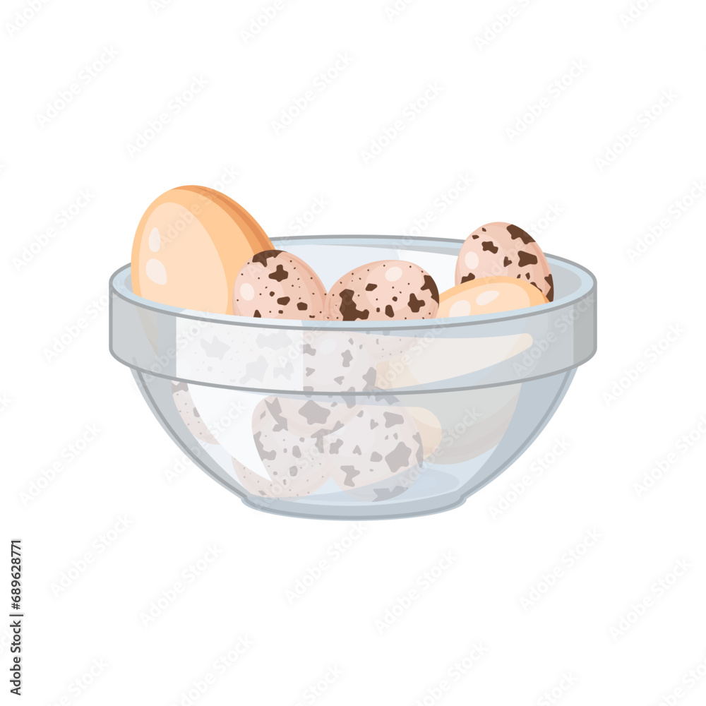 Chicken and quail eggs in a transparent deep bowl. Boiled or raw eggs. Eggs in a shell. Breakfast food. Healthy eating. Vector illustration in a flat style Chicken and quail eggs in a transparent deep bowl. Boiled or raw eggs. Eggs in a shell. Breakfast food. Healthy eating. Vector illustration in a flat style