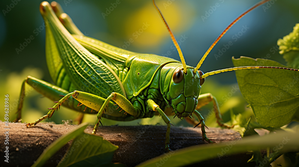 grasshopper on the grass - obrazy, fototapety, plakaty 
