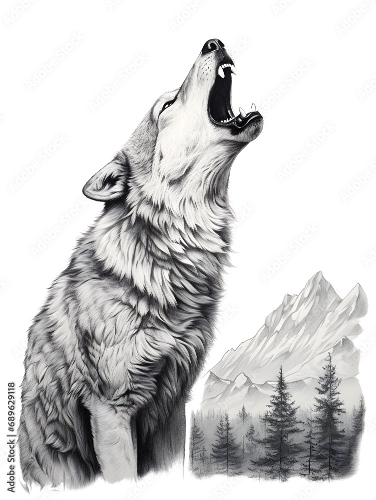 Fototapeta premium Lone wolf howling, monochrome art, wildlife call, powerful, isolated on white background