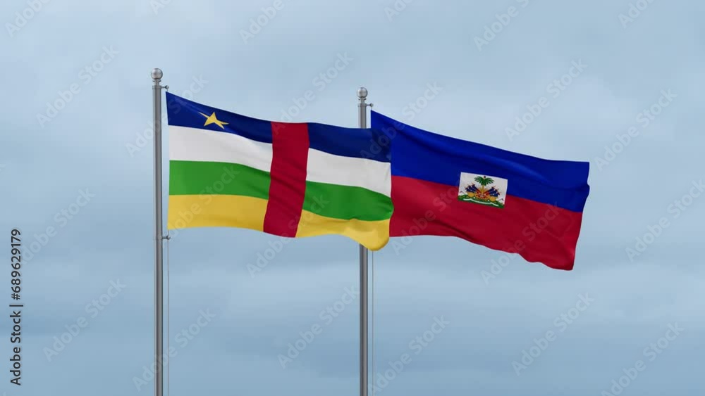 Haiti flag and Central Africa flag waving together on cloudy sky, endless seamless loop, two country relations concept Haiti flag and Central Africa flag waving together on cloudy sky, endless seamless loop, two country relations concept