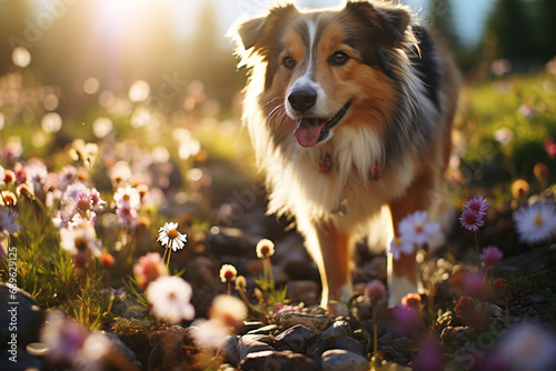 Enchanting photograph featuring dog paw prints amid a field of wildflowers, celebrating the joy of outdoor exploration. photo