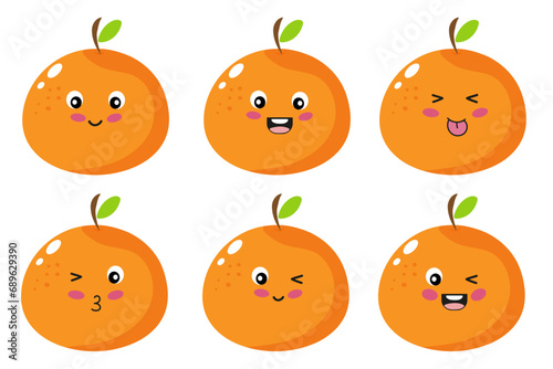 Orange orange with kawaii eyes. Orange with different emotions. Orange orange flat vector illustration on a white background. Educational cards for children