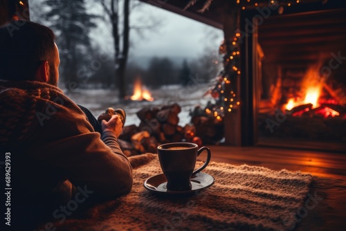 People relax sitting on the sofa and drink hot drinks near the fireplace in their home.