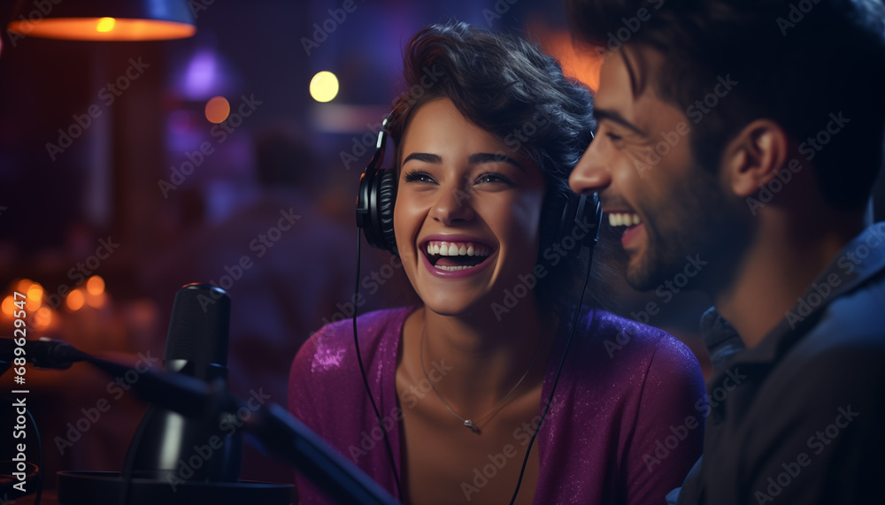 happy young man and woman recording a podcast in the studio. happy young man and woman recording a podcast in the studio.