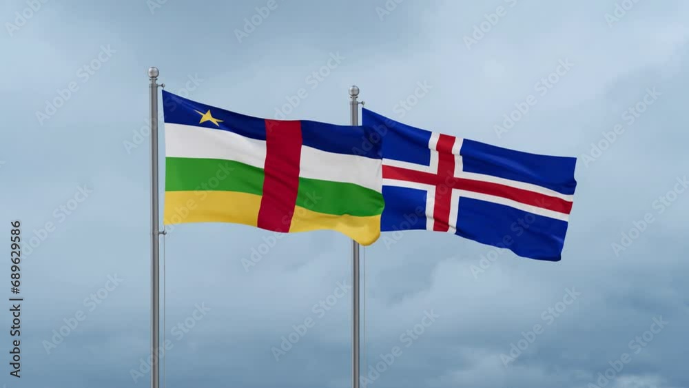 Iceland and Central Africa flag waving together on cloudy sky, endless seamless loop, two country cooperation concept Iceland and Central Africa flag waving together on cloudy sky, endless seamless loop, two country cooperation concept