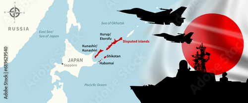 Russia and Japan conflict. Disputed islands. Kurile Island. 3d illustration. photo