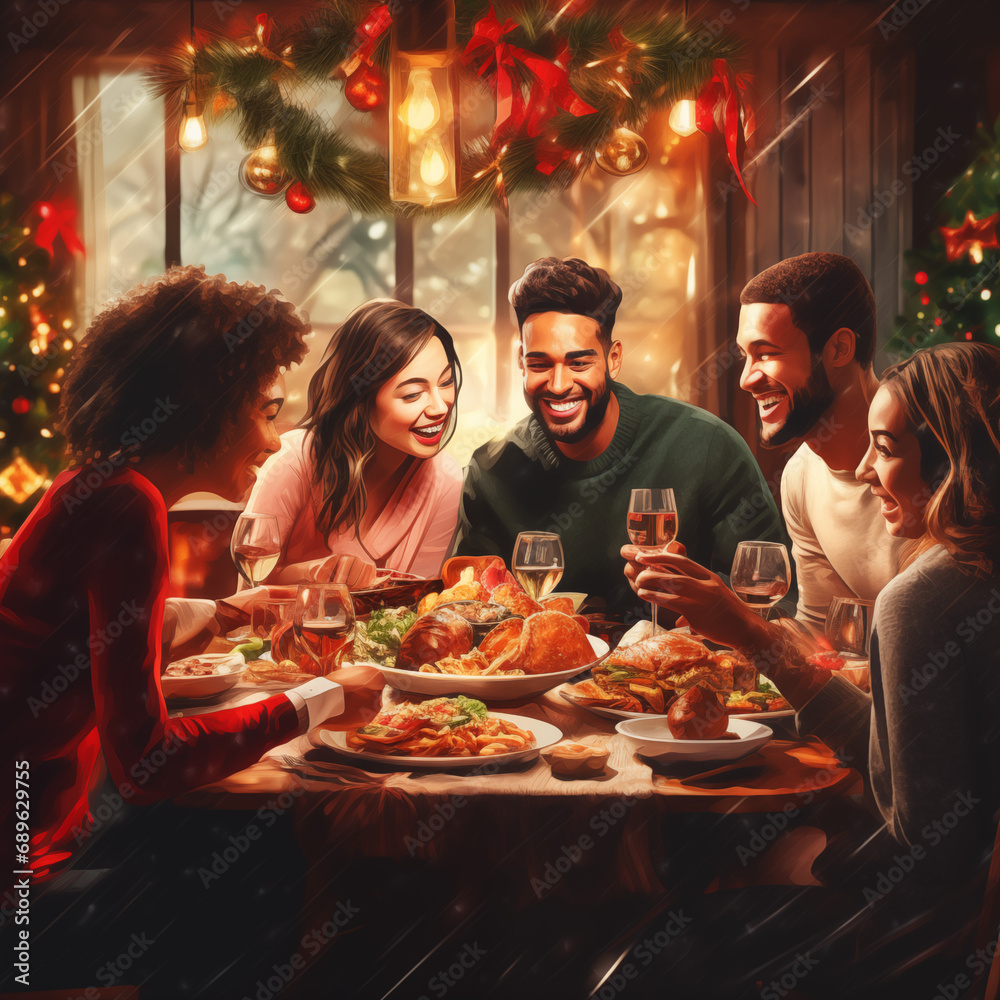 group of friends at party, 
Holidays, celebrations and people concept. happy multi-ethnic friends having christmas dinner at home. digital ai, celebrations 