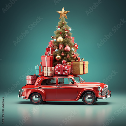  Red Santa's car with gift boxes and christmas tree on the top. Merry Christmas and a Happy New Year concept. Red vintag car with Christmas tree and .Christmas tree with gifts. 