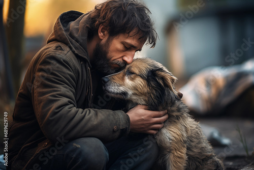 A sad homeless man hugs his stray companion dog while sitting on the street