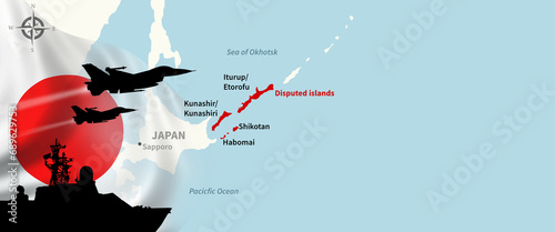 Russia and Japan conflict. Disputed islands. Kurile Island. 3d illustration. photo