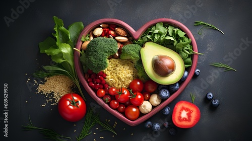Obraz na płótnie A vibrant photo showcasing a heartshaped bowl filled with nutritious diet foods, including fresh fruits, vegetables, and whole grains, promoting heart health and cardiovascular wellness