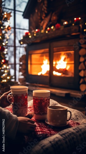 People relax sitting on the sofa and drink hot drinks near the fireplace in their home.