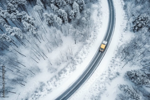 Aerial view of a semi truck moving on the winding road with wet surface and snow. Transportation during winter. © VisualProduction