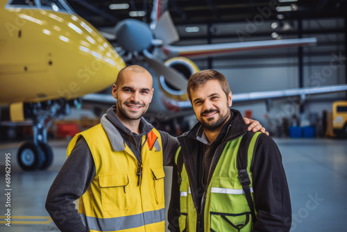 Airplane mechanics in yellow vest in front of the plane in hangar. Aircraft worker in runway airport. Aircraft maintenance mechanic inspects plane. photo