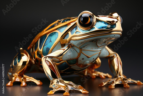 Artwork of a liquid metal frog and white background. Generative AI.