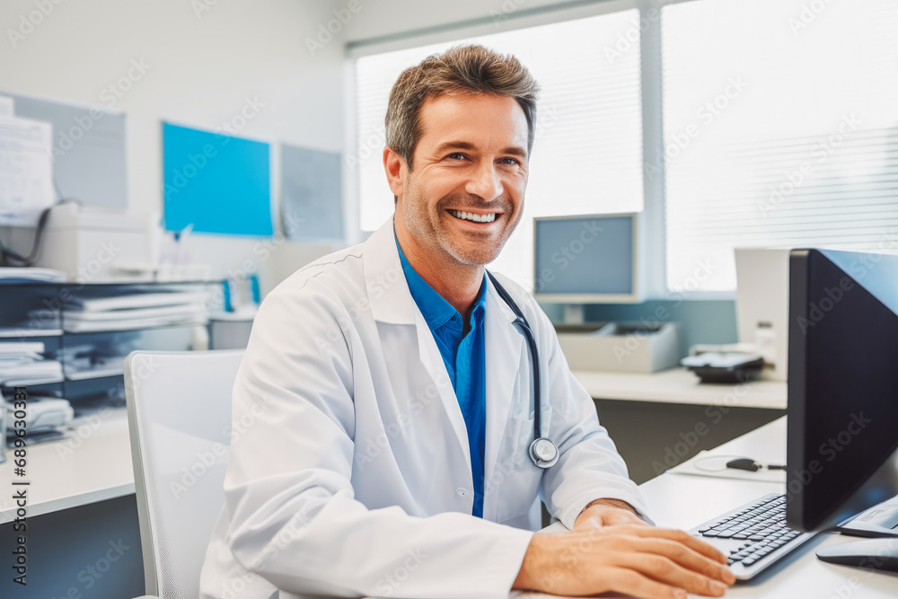 Handsome mature doctor working on computer and talking to a patient, smiling. Saving lives and communication. Male doctor working on personal computer. Handsome mature doctor working on computer and talking to a patient, smiling. Saving lives and communication. Male doctor working on personal computer.