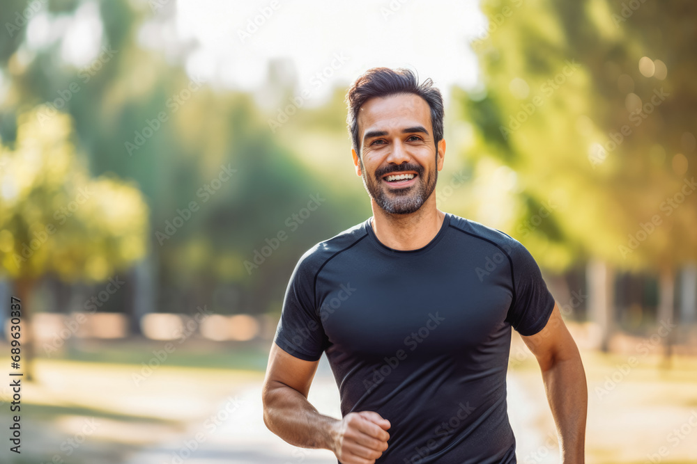 Handsome fit man jogging in the park. Morning cardio exercise and a healthy lifestyle. Sports and physical education.