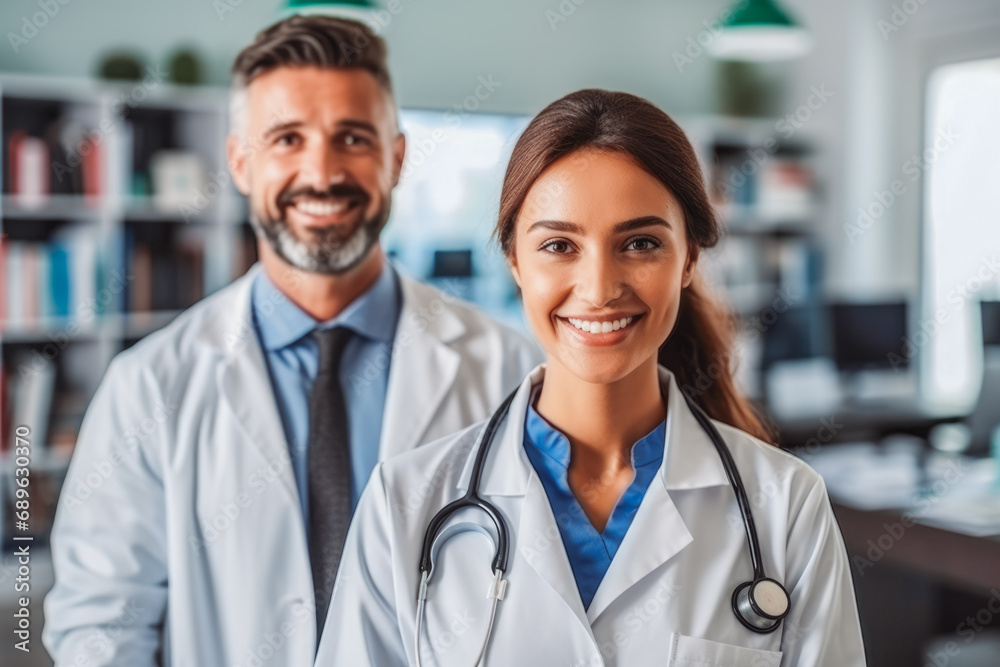 Doctors and nurses standing side by side and looking at the camera. Young female doctor is in the front wearing stethoscope and uniform. Doctors and nurses standing side by side and looking at the camera. Young female doctor is in the front wearing stethoscope and uniform.