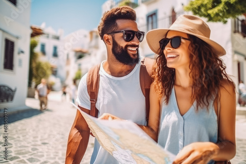 Couple mixed race traveling in summer time in greek city looking at the map. Honeymoon trip, backpacker tourist, tourism or holiday vacation travel concept.