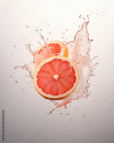 Water splash with grapefruit isolated on white background. Waterdrops, mid motion. Healthy vegetarian lifestyle, vitamin organic food concept, exotic fruits