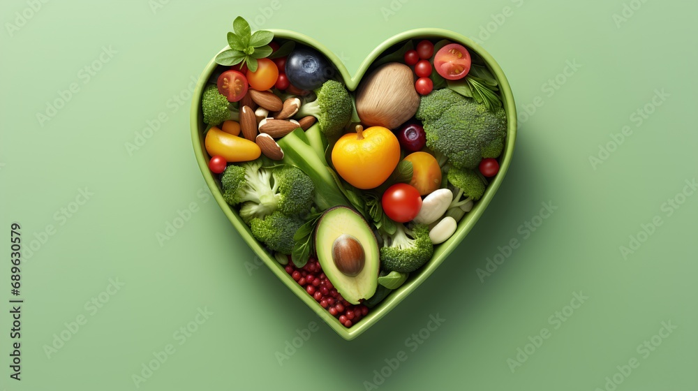 A vibrant photo showcasing a heartshaped bowl filled with nutritious diet foods, including fresh fruits, vegetables, and whole grains, promoting heart health and cardiovascular wellness. - obrazy, fototapety, plakaty 