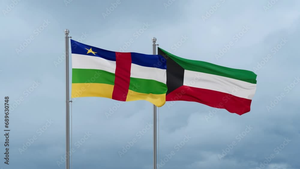 Kuwait and Central Africa flag waving together on cloudy sky, endless seamless loop, two country cooperation concept Kuwait and Central Africa flag waving together on cloudy sky, endless seamless loop, two country cooperation concept