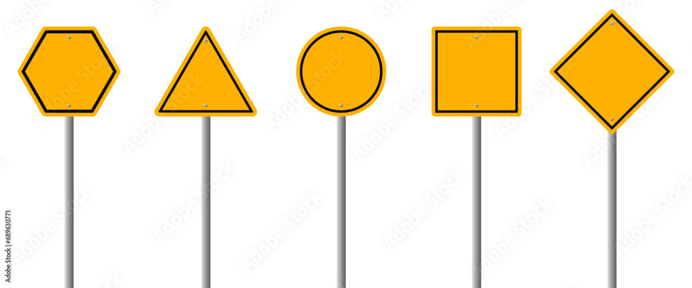 Set of blank yellow road sign. Empty traffic signs isolated on transparent background. Highway attention roadsign. Set of blank yellow road sign. Empty traffic signs isolated on transparent background. Highway attention roadsign.