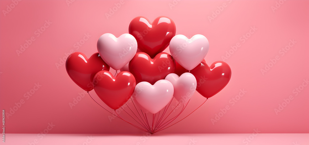 Red heart shaped balloons on pink background, flat lay with space for text. Saint Valentine's day celebration 2024