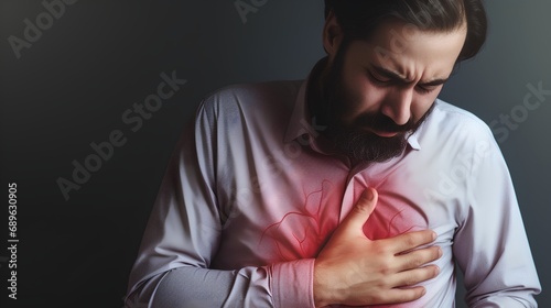 An individual clutching their chest in pain, illustrating a heart attack with visible stroke symptoms, emphasizing the importance of cardiovascular health awareness and emergency response. photo