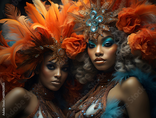 Group of a sexy girls in a colorful sumptuous carnival feather suit, 2024
