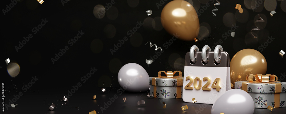 Fototapeta premium 3d happy new year Abstract wallpaper. Realistic 3d with design stage podium. Decorative festive elements. new year holiday template podium.