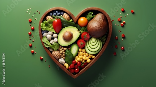A vibrant photo showcasing a heartshaped bowl filled with nutritious diet foods, including fresh fruits, vegetables, and whole grains, promoting heart health and cardiovascular wellness. photo