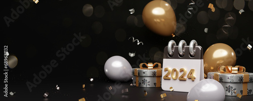 Fototapeta Naklejka Na Ścianę i Meble -  3d happy new year Abstract wallpaper. Realistic 3d with design stage podium. Decorative festive elements. new year holiday template podium.