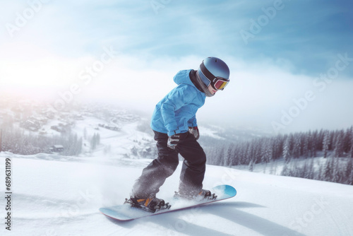 Young snowboarder riding on slope. Boy rider wearing snowboarding gear. Winter activity. Child riding in fresh snow in mountains. Winter sports concept