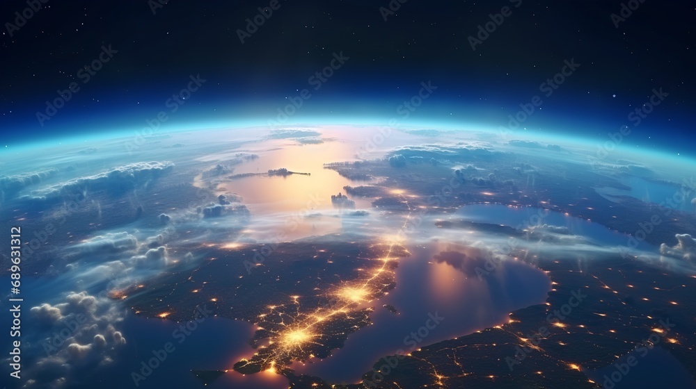 Obraz premium A breathtaking panoramic view of planet Earth as seen from space, showcasing the vibrant city lights illuminating the globes surface against the dark cosmos.