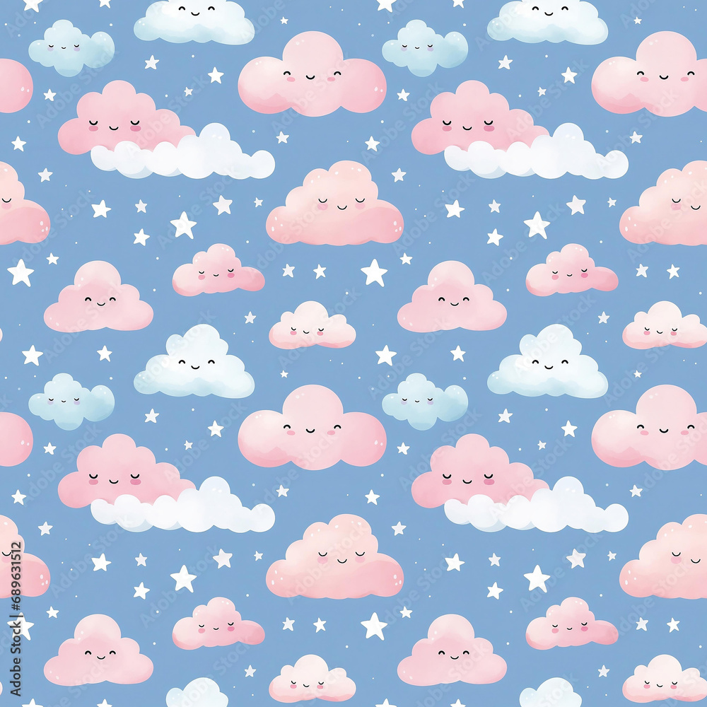 Seamless pattern with drawn cartoon clouds. Cute background for children's illustration, fabric, decoration.