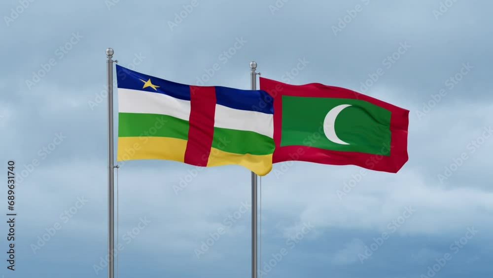 Maldives flag and Central Africa flag waving together on cloudy sky, endless seamless loop, two country relations concept Maldives flag and Central Africa flag waving together on cloudy sky, endless seamless loop, two country relations concept
