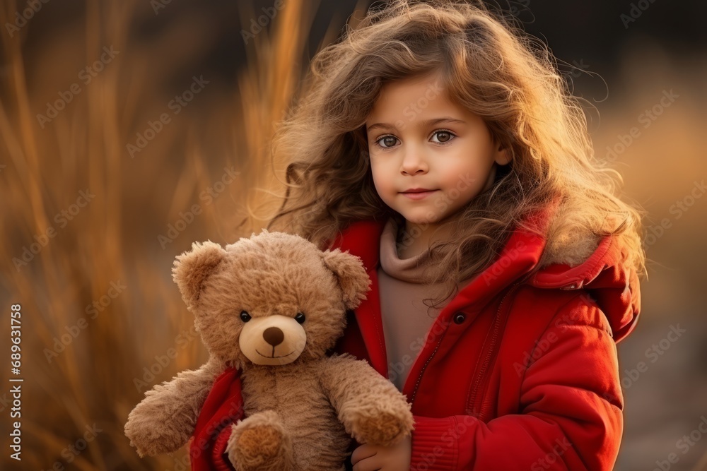 A thoughtful young girl in a red jacket embraces a teddy bear, set against an autumnal field. A thoughtful young girl in a red jacket embraces a teddy bear, set against an autumnal field.