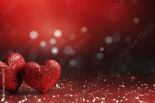 Glittering red hearts against dreamy backdrop with beautiful bokeh lights. Shining Valentine's Day background with empty, copy space for text. Particles, confetti. Greeting card design.